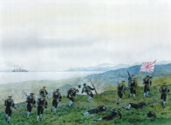 Japanese infantry under the fire of the gunboat "Bobr". The battle at Tsinchzhou.